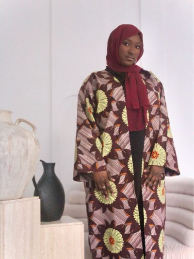 Wine Ankara Wax Open Abaya